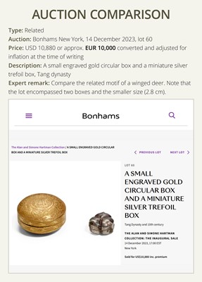 Lot 13 - A MINIATURE PARCEL-GILT SILVER ‘WINGED DEER’ BOX AND COVER, TANG DYNASTY