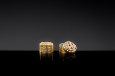 Lot 16 - A PAIR OF MINIATURE GILT COPPER BOXES AND COVERS, LIAO DYNASTY