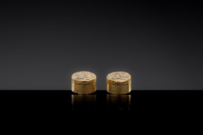 Lot 16 - A PAIR OF MINIATURE GILT COPPER BOXES AND COVERS, LIAO DYNASTY