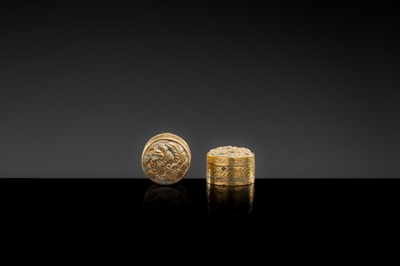 Lot 16 - A PAIR OF MINIATURE GILT COPPER BOXES AND COVERS, LIAO DYNASTY