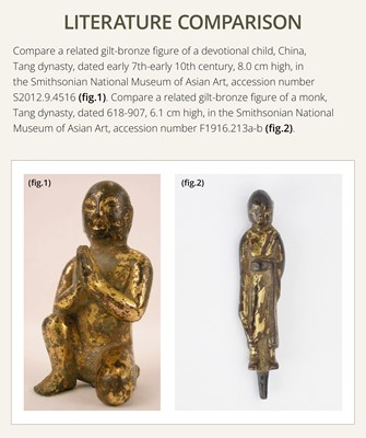 Lot 15 - A SMALL BRONZE FIGURE OF AN ADORANT, LATE TANG TO SONG DYNASTY