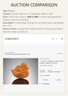 Lot 28 - A SMALL AND RARE AMBER PENDANT IN THE FORM OF A RECLINING TIGER, LIAO DYNASTY