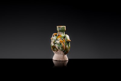 A MINIATURE SANCAI-GLAZED PILGRIM’S FLASK WITH MUSICIANS AND DUCKS, TANG DYNASTY