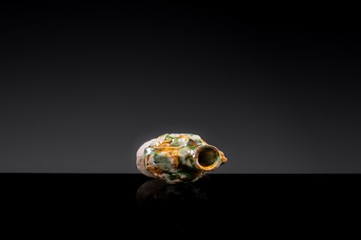 A MINIATURE SANCAI-GLAZED PILGRIM’S FLASK WITH MUSICIANS AND DUCKS, TANG DYNASTY