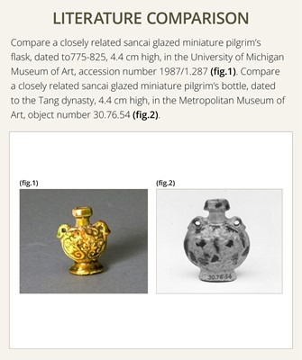 A MINIATURE SANCAI-GLAZED PILGRIM’S FLASK WITH MUSICIANS AND DUCKS, TANG DYNASTY