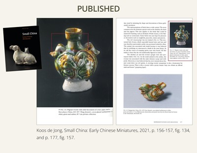 A MINIATURE SANCAI-GLAZED PILGRIM’S FLASK WITH MUSICIANS AND DUCKS, TANG DYNASTY