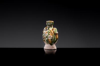 A MINIATURE SANCAI-GLAZED PILGRIM’S FLASK WITH MUSICIANS AND DUCKS, TANG DYNASTY