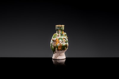 A MINIATURE SANCAI-GLAZED PILGRIM’S FLASK WITH MUSICIANS AND DUCKS, TANG DYNASTY