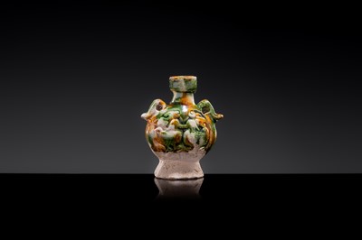 A MINIATURE SANCAI-GLAZED PILGRIM’S FLASK WITH MUSICIANS AND DUCKS, TANG DYNASTY