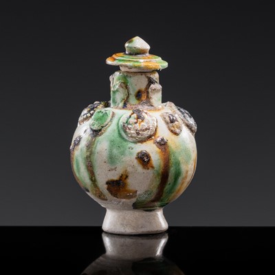 Lot 37 - A MINIATURE SANCAI GLAZED POTTERY JAR AND COVER, TANG DYNASTY