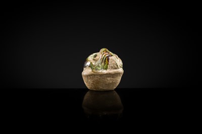 Lot 50 - A SANCAI GLAZED POTTERY WHISTLE IN THE FORM OF A FOREIGNER HEAD, TANG DYNASTY