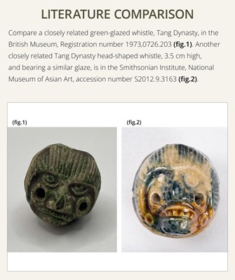 Lot 50 - A SANCAI GLAZED POTTERY WHISTLE IN THE FORM OF A FOREIGNER HEAD, TANG DYNASTY