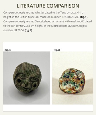 Lot 47 - A SANCAI GLAZED POTTERY ‘MASK’ WHISTLE, TANG DYNASTY