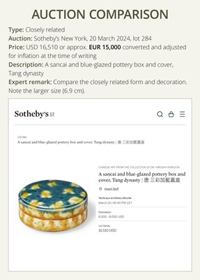 Lot 36 - A SMALL SANCAI GLAZED POTTERY BOX AND COVER, TANG DYNASTY