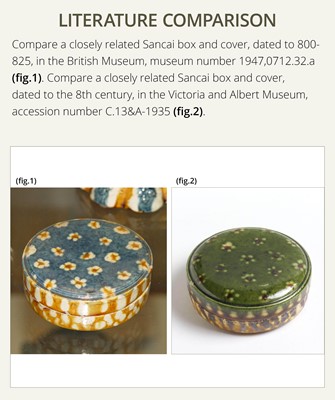 Lot 36 - A SMALL SANCAI GLAZED POTTERY BOX AND COVER, TANG DYNASTY