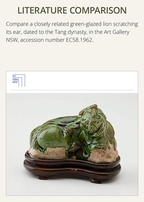Lot 43 - A GREEN AND WHITE GLAZED POTTERY FIGURE OF A LION SCRATCHING ITSELF, TANG DYNASTY