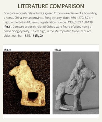 Lot 56 - A SMALL WHITE GLAZED CIZHOU FIGURE OF A BOY ON HORSEBACK, LIAO DYNASTY