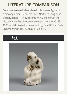 A SMALL WHITE GLAZED DINGYAO FIGURE OF A MONKEY, NORTHERN SONG DYNASTY