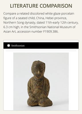 Lot 85 - A SMALL WHITE GLAZED DINGYAO FIGURE OF A BOY CARRYING A TODDLER, NORTHERN SONG DYNASTY