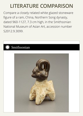 Lot 65 - A MOTTLED YELLOWISH-WHITE GLAZED MINIATURE FIGURE OF A GOAT, SONG DYNASTY