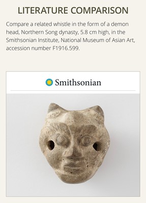 Lot 48 - A GLAZED POTTERY WHISTLE IN THE FORM OF A MONKEY’S HEAD, FIVE DYNASTIES PERIOD