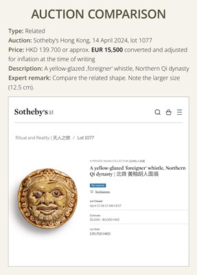 Lot 48 - A GLAZED POTTERY WHISTLE IN THE FORM OF A MONKEY’S HEAD, FIVE DYNASTIES PERIOD