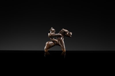 Lot 60 - A DARK BROWN GLAZED POTTERY EQUESTRIAN FIGURE, LIAO OR NORTHERN SONG DYNASTY