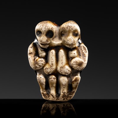 Lot 99 - A BROWN GLAZED STONEWARE WHISTLE IN THE FORM OF A PAIR OF MONKEYS, SONG TO JIN DYNASTY