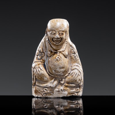 Lot 110 - A BROWN-GLAZED POTTERY WHISTLE IN THE FORM OF A PROTECTIVE GOD, JIN DYNASTY