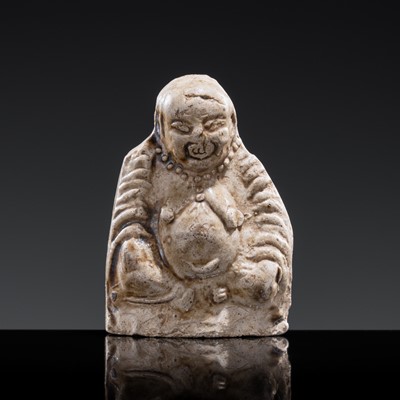 Lot 111 - A BROWN GLAZED POTTERY WHISTLE OF A PROTECTIVE DEITY, JIN DYNASTY