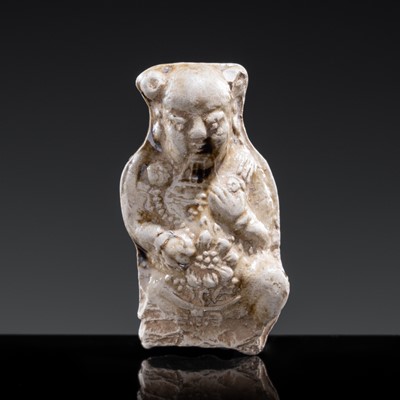Lot 114 - A BROWN-GLAZED POTTERY WHISTLE IN THE FORM OF A DEITY, JIN DYNASTY