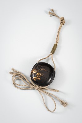 Lot 1431 - A SMALL TWO-CASE LACQUER INRO DEPICTING A SHISHI