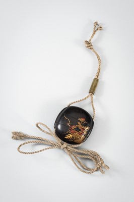 Lot 1431 - A SMALL TWO-CASE LACQUER INRO DEPICTING A SHISHI