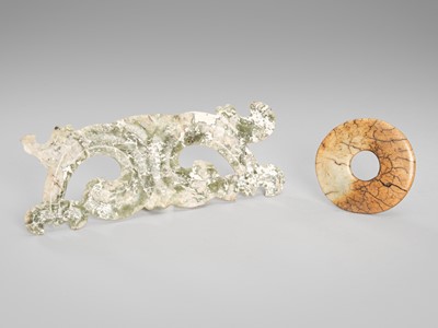 Lot 920 - A JADE CLOUD MASK AND BI DISK, HONGSHAN CULTURE OR LATER