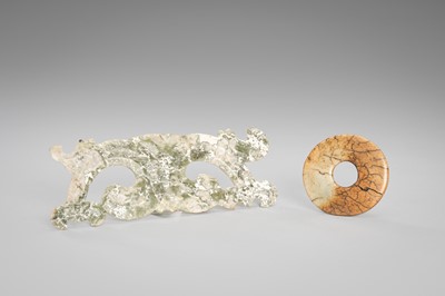 Lot 920 - A JADE CLOUD MASK AND BI DISK, HONGSHAN CULTURE OR LATER