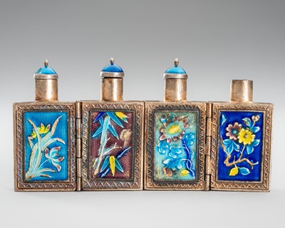 Lot 1019 - AN UNUSUAL FOUR-PART ENAMELED SILVER MEDICINE BOTTLE