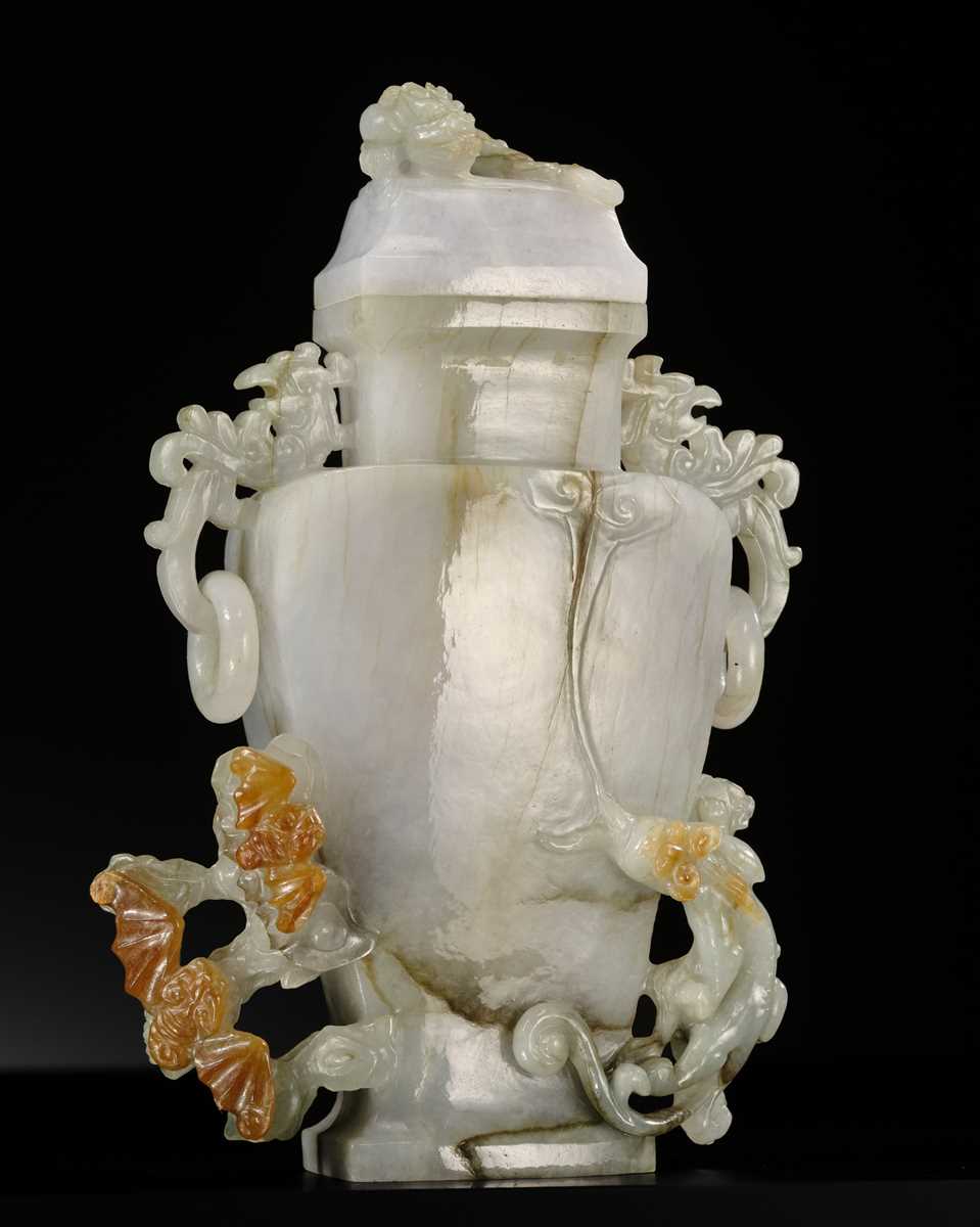 A CELADON JADEITE ‘CHILONG’ BALUSTER VASE AND COVER, LATE QING DYNASTY TO REPUBLIC PERIOD