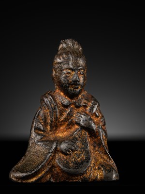 A GILT IRON MINIATURE FIGURE OF BENZAITEN