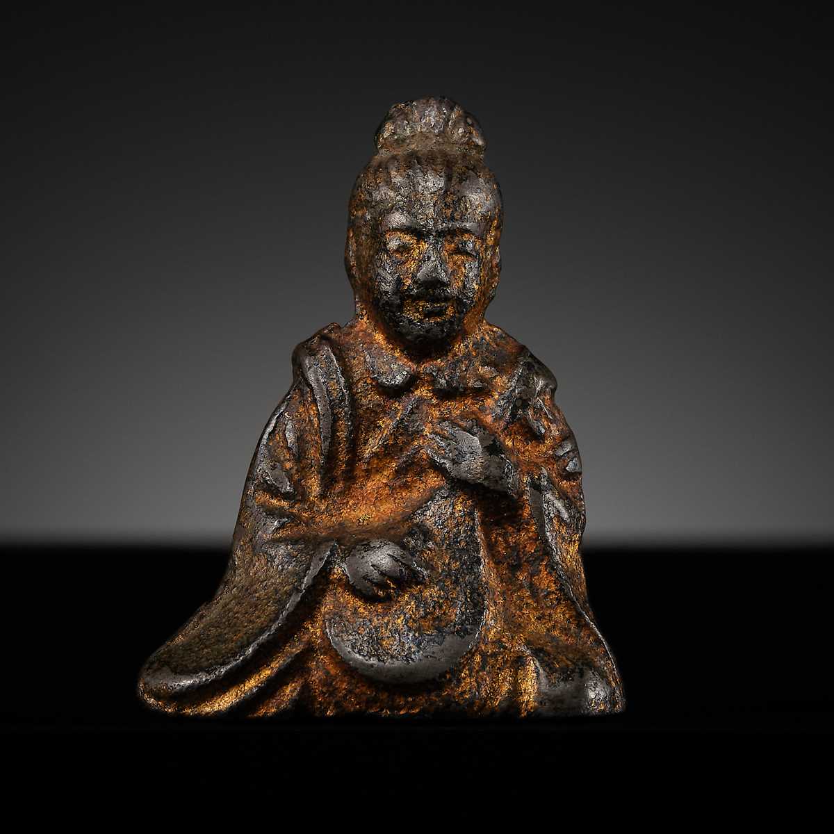 A GILT IRON MINIATURE FIGURE OF BENZAITEN