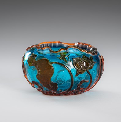 Lot 886 - A FINE BLUE AND ORANGE OVERLAY GLASS ‘LOTUS POND’ BRUSH WASHER, QING DYNASTY