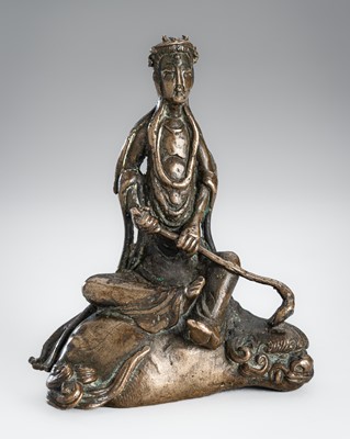 Lot 70 - A FINE BRONZE FIGURE OF MONJU BOSATSU ON A SHISHI
