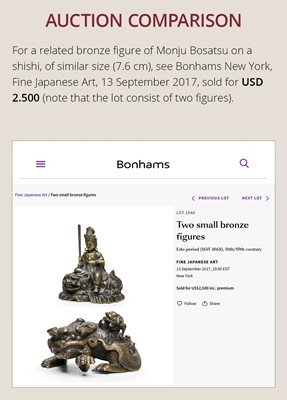 A FINE BRONZE FIGURE OF MONJU BOSATSU ON A SHISHI