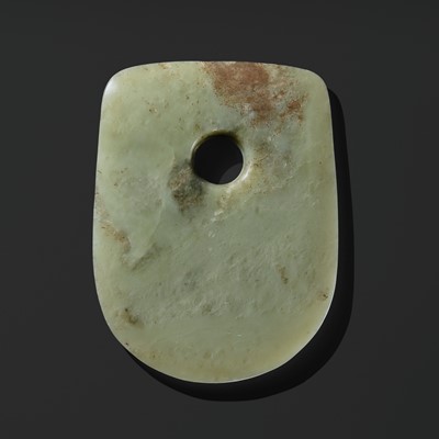 A CELADON JADE CEREMONIAL AXE, YUE, LATE NEOLITHIC PERIOD, LIANGZHU CULTURE