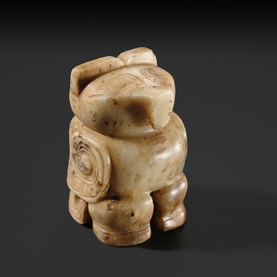 Lot 116 - AN IMPORTANT AND RARE ‘FU HAO TYPE’ ALTERED WHITE JADE CARVING OF AN OWL, LATE SHANG DYNASTY