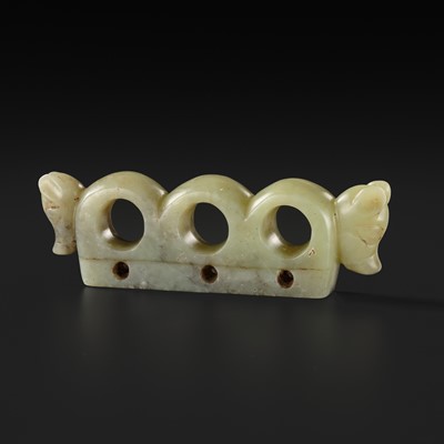A RARE CELADON JADE TRIPLE RING PENDANT, LATE NEOLITHIC PERIOD, HONGSHAN CULTURE