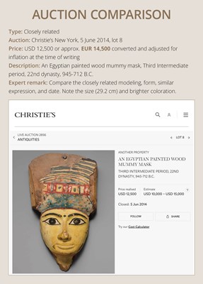 Lot 15 - AN EGYPTIAN GESSO PAINTED WOOD SARCOPHAGUS MASK, 22ND/26TH DYNASTY