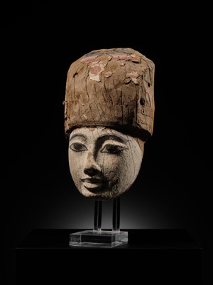 Lot 15 - AN EGYPTIAN GESSO PAINTED WOOD SARCOPHAGUS MASK, 22ND/26TH DYNASTY