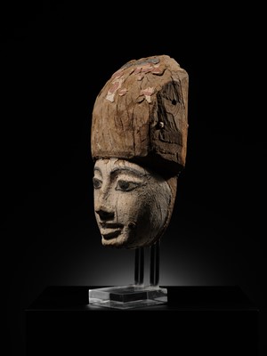 Lot 15 - AN EGYPTIAN GESSO PAINTED WOOD SARCOPHAGUS MASK, 22ND/26TH DYNASTY