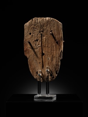 Lot 15 - AN EGYPTIAN GESSO PAINTED WOOD SARCOPHAGUS MASK, 22ND/26TH DYNASTY