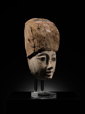 Lot 15 - AN EGYPTIAN GESSO PAINTED WOOD SARCOPHAGUS MASK, 22ND/26TH DYNASTY